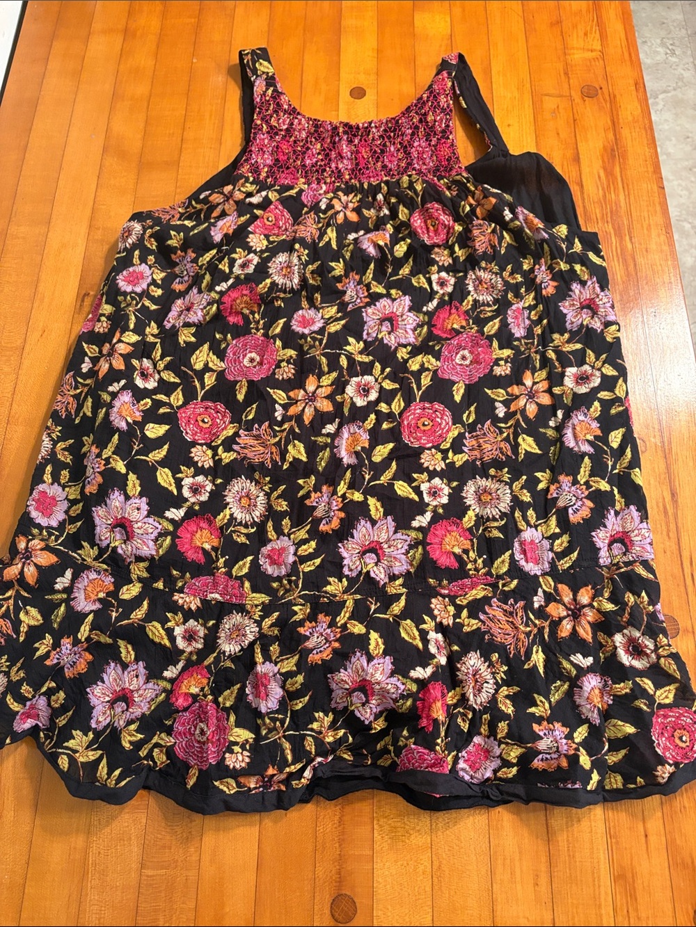 Free People Black Floral Smocked Tank with Pink and Yellow Embroidery